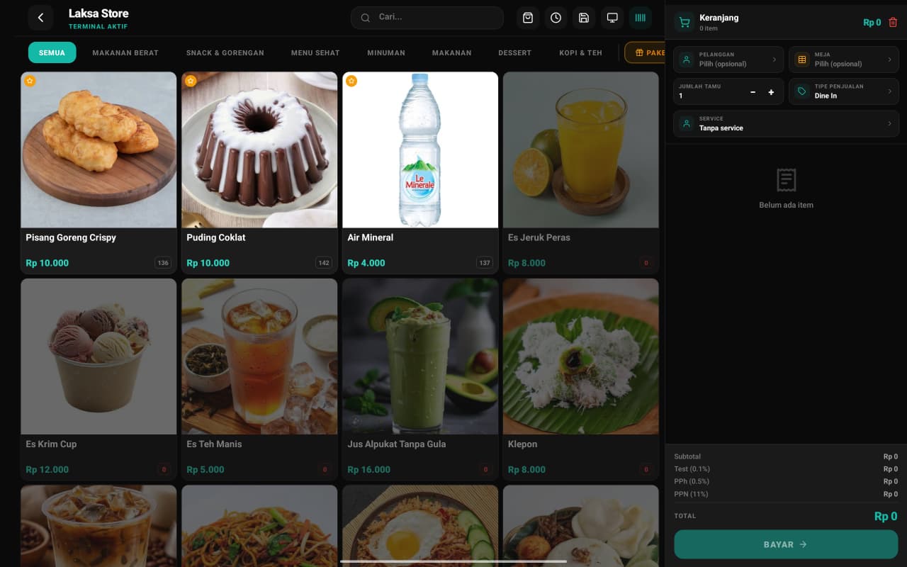 Layar kasir Laksa di tablet: katalog produk berfoto dan keranjang pesanan